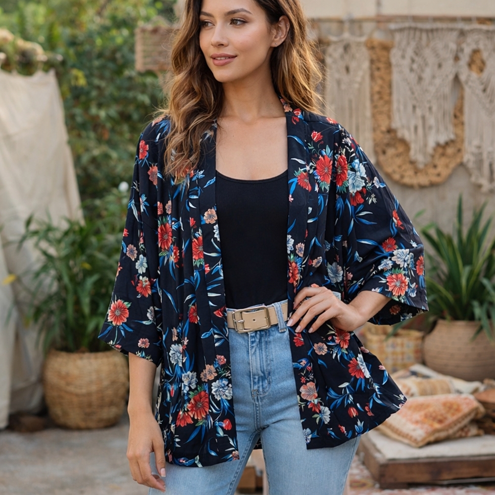 Tahari Black Floral Kimono Cardigan | Lightweight Boho Open Front Layering Top